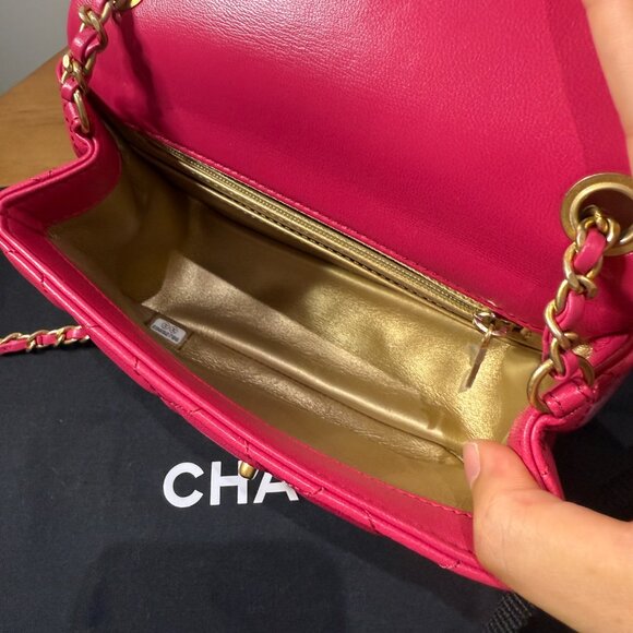Chanel Quilted Lambskin Mini Square Flap with Pearl Crush Fuchsia Pink NWOT - Picture 13 of 16
